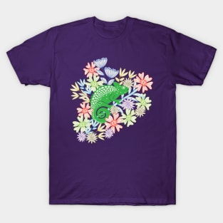 CHAMELEONS JUST WANNA HAVE FUN Cute Reptile Lizard with Rainforest Jungle Flowers in Jungle Green - UnBlink Studio by Jackie Tahara T-Shirt